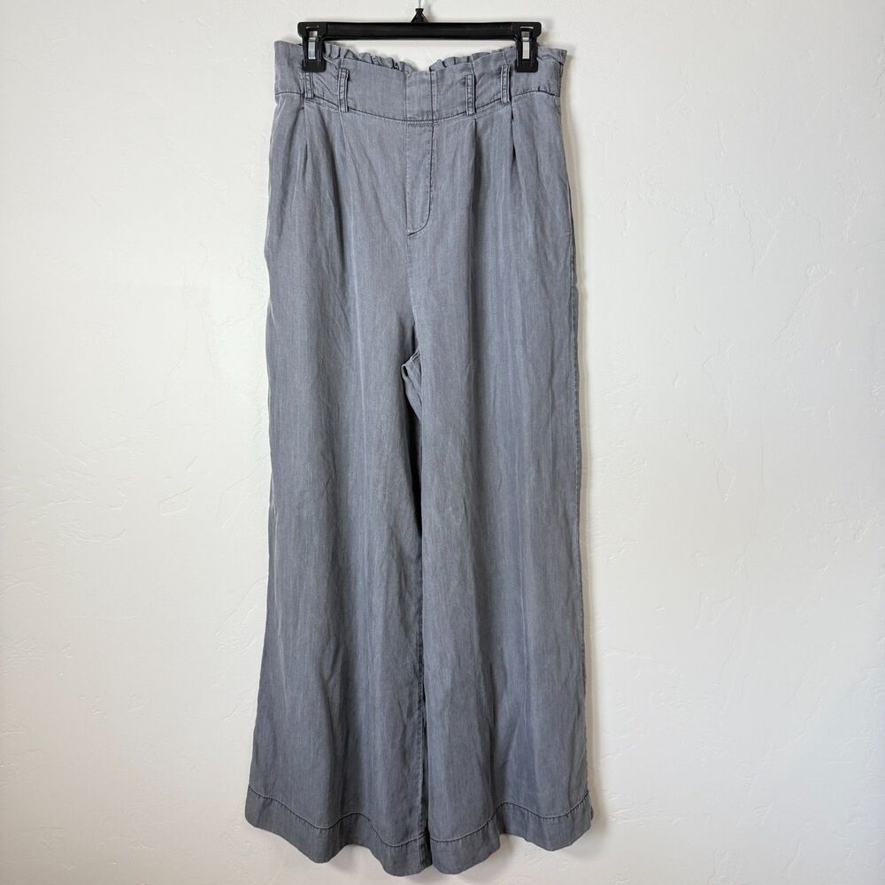 1250 C Tencel Wide Leg Pants L Gray Blue Paperbag High Waist Pleated Boho EUC